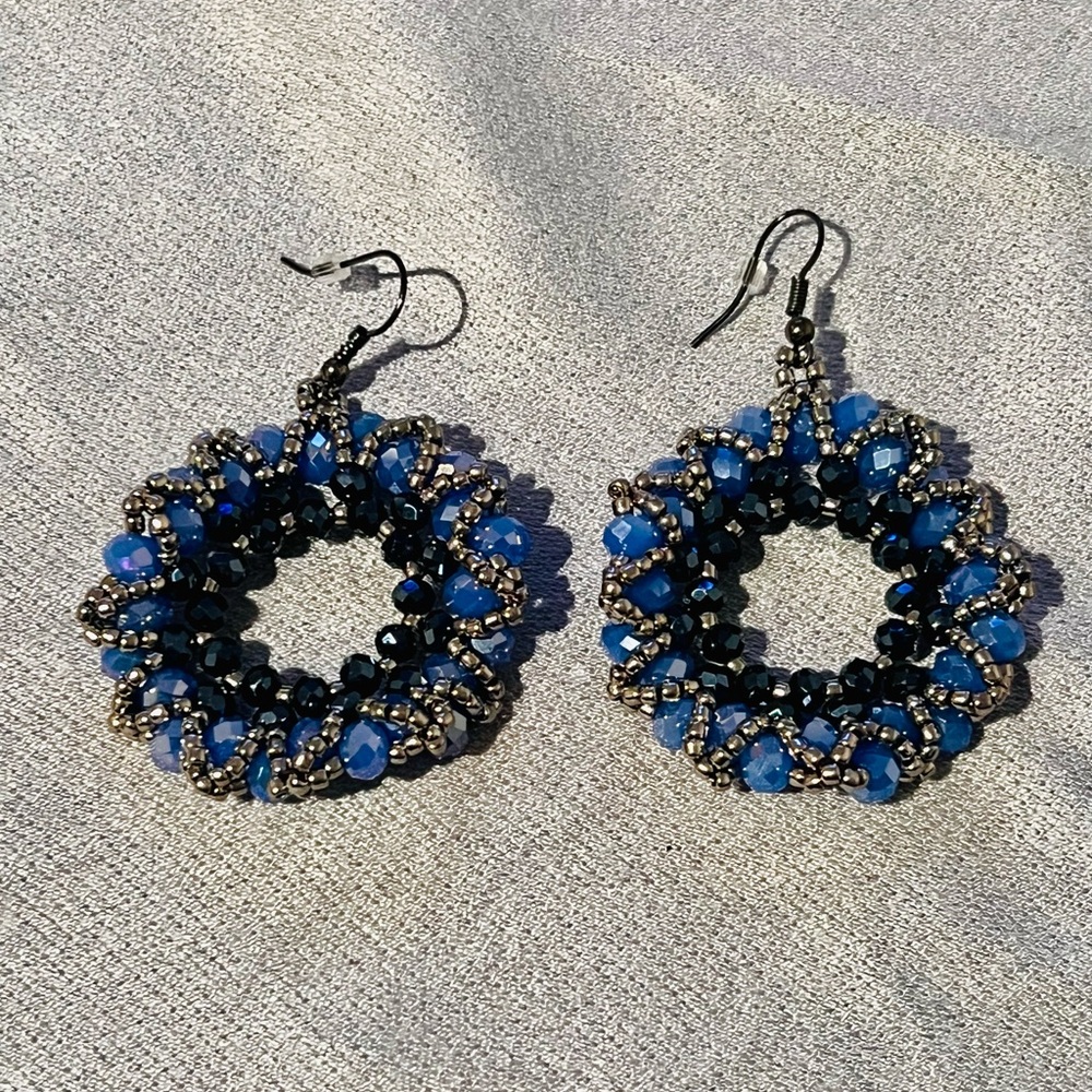 Elegant Blue and Gray Handmade Beaded Earrings